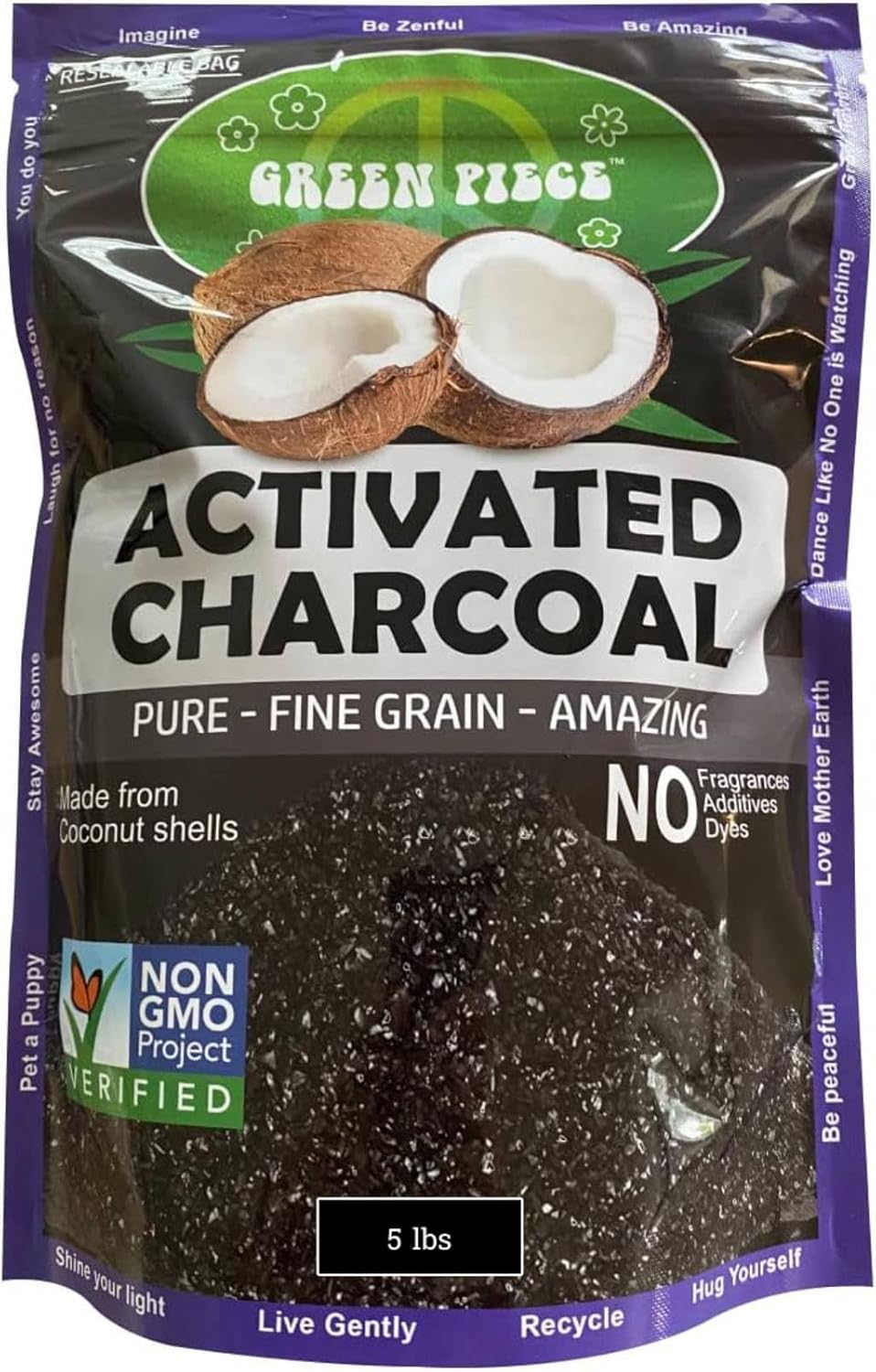Green Piece® Activated Charcoal Coarse Grain – Resealable 5 lb Bag for Air Purifying, Odor Absorbing & Freshening – Made from Coconut Shell – Kid/Pet Friendly, Great for Aquarium, Water Filter, & More
