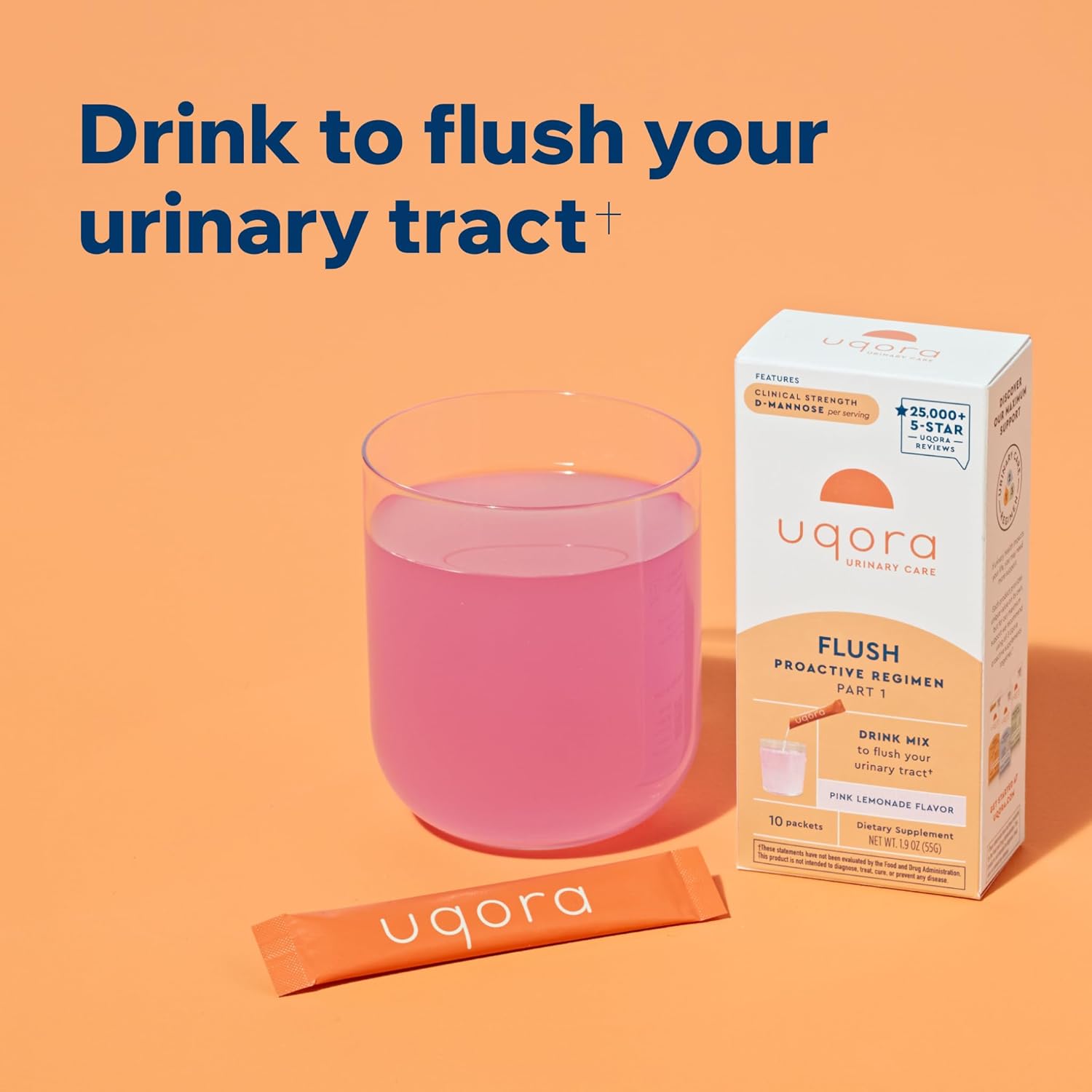 Uqora Flush - Urinary Tract* with D-Mannose, Vitamin C, Vitamin B6, Potassium, Magnesium & Calcium - Gluten-Free & Vegan - Pink Lemonade Flavor - 10 Packets (1 Pack)