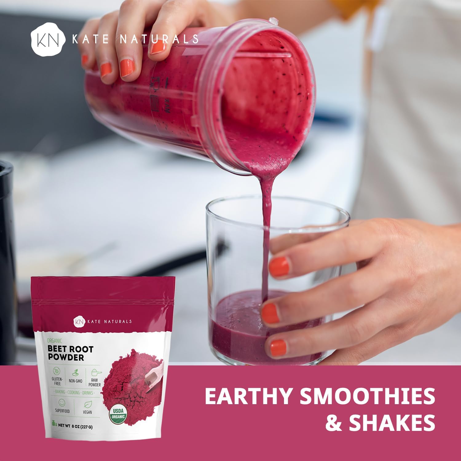 Kate Naturals Organic Beet Root Powder for Smoothies, Baking & Juice. Raw Beetroot Superfood Extract & Natural Red Food Coloring & Nitric Oxide (8oz, Non-GMO, Earthy Flavor)