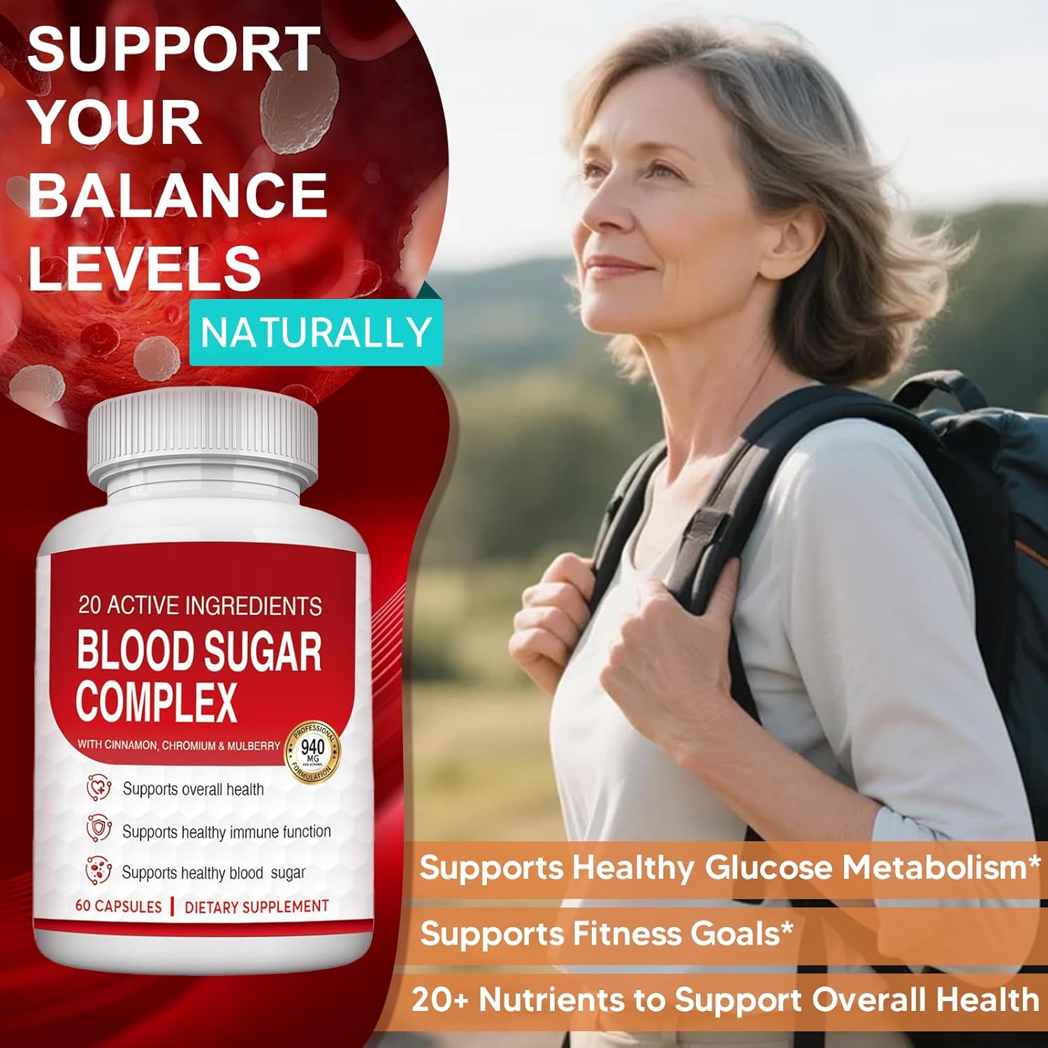 Blood Sugar Complex Supplement - Helps Maintain Normal Blood Sugar Levels - Natural Formula with Bitter Melon, Mulberry Leaf, Cinnamon, Non-GMO - 60 Capsules(1pc)