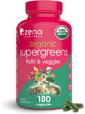 Zena Nutrition Organic Super Greens Fruit & Veggies Supplement, 70+ Superfoods from Fruit & Vegetables, Spirulina, Chlorella, Prebiotics & Probiotics, Digestive Enzymes for Gut Health, 180 Capsules