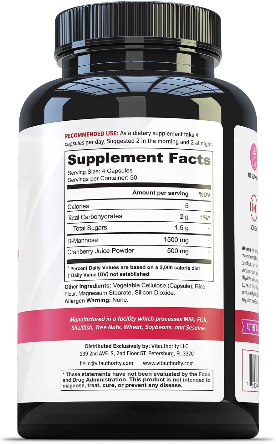 Vitauthority Fast Acting UTI Support Capsules- Cranberry Juice Powder for Utinary Tract Health and Preventitive Support- Enhanced Blend Promotes Urinary Health- 120 Vegetarian Capsules