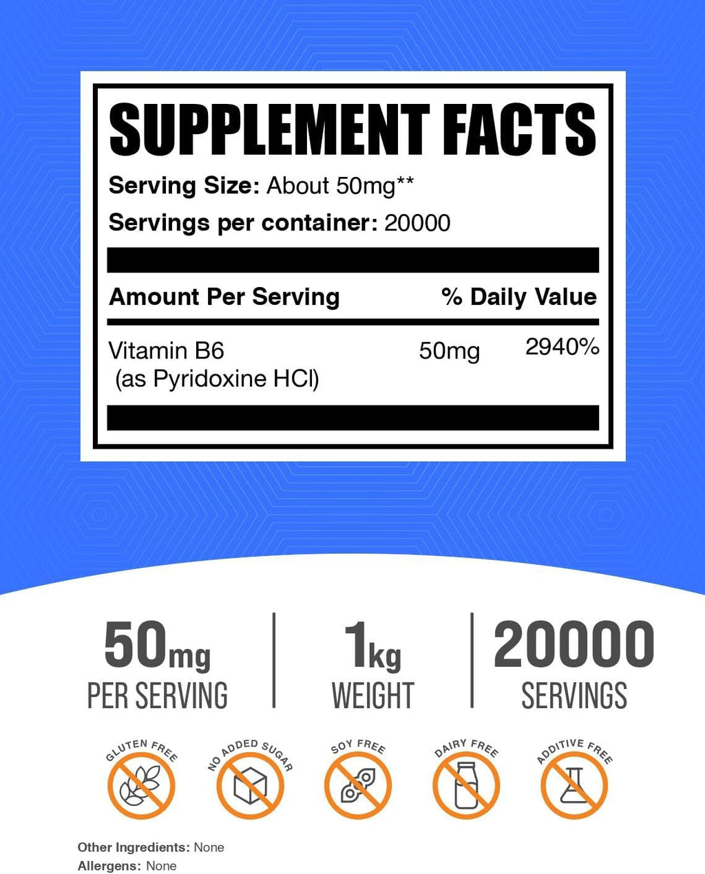 BulkSupplements.com Pyridoxine HCl Powder - Vitamin B6 Supplement, Vitamin Supplement - Gluten Free, 50mg of Pyridoxine B6 per Serving, 1kg (2.2 lbs) (Pack of 1)