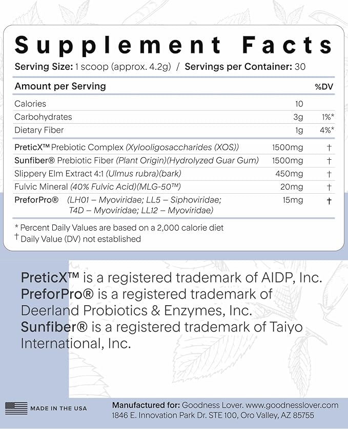 Goodness Lover Better Gut Prebiotic Fiber Plus, Digestive Health Supplement for Gut Health Support, Bloat Relief & Regularity Support, 30 Servings