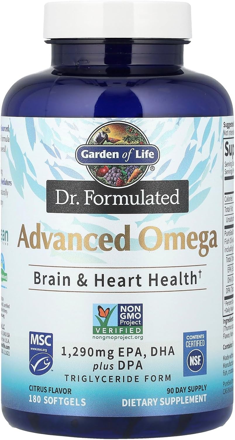 Garden of Life Dr. Formulated Advanced Omega Fish Oil - Lemon, 1,290mg EPA, DHA + DPA in Triglyceride Form, Single Source Omega 3 Supplement for Ultimate Brain & Heart Health, Non-GMO, 180 Softgels