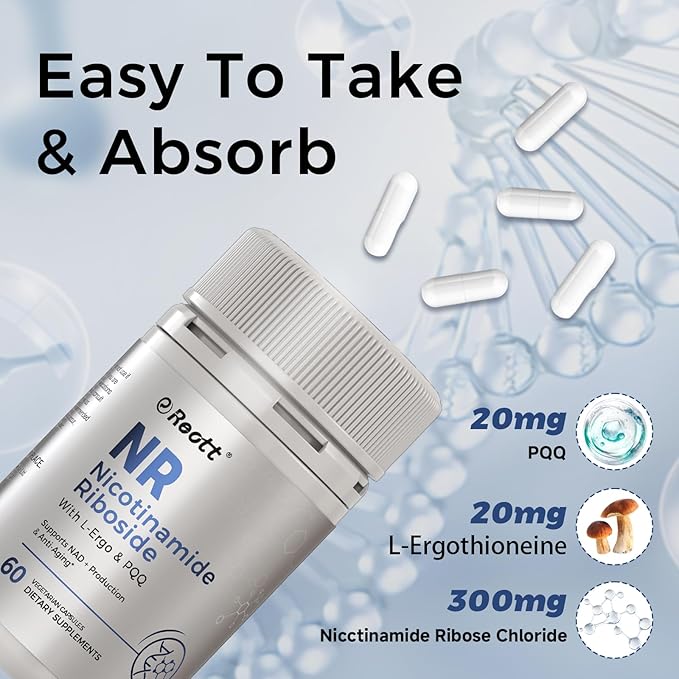 NR Nicotinamide Riboside Supplement 300mg, Supports NAD+ Boosting, 60 Capsules, with L-Ergothioneine and PQQ for Cell Health & Healthy Aging