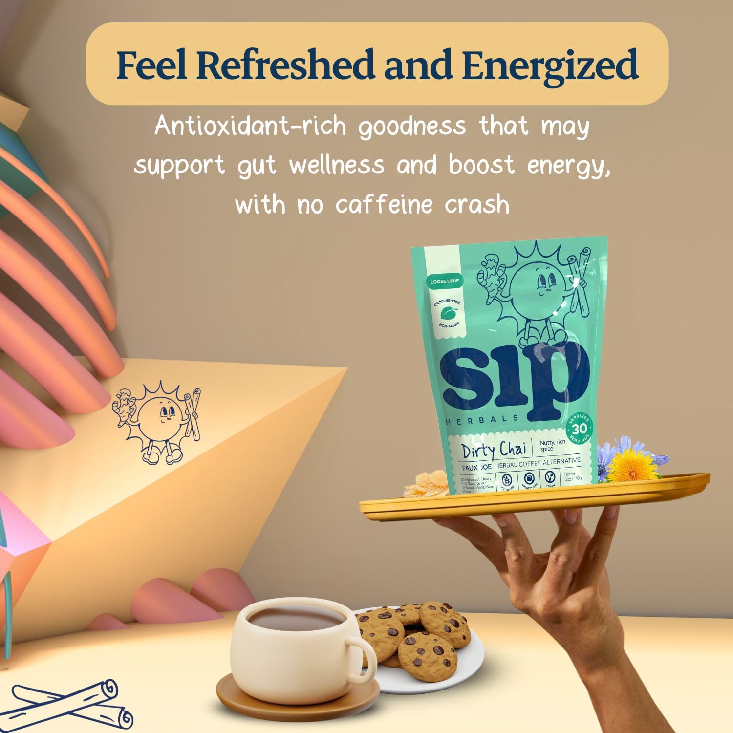 Sip Herbals Dirty Chai Roast Coffee Alternative Loose Leaf - Caffeine-Free Blend with Dandelion Root, Chicory, Cinnamon Clove - Rich Spiced Aroma & Balanced Flavor, As Seen on Shark Tank - 30 Servings