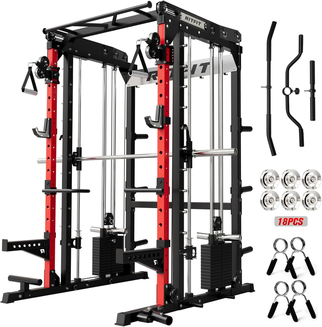 RitFit M2 PRO-3D Smith Machine with Weight Stack, 3D Functional Trainer & Power Cage, 308.6lbs Stack, 16 Adjustment Holes, 6 Storage Pegs for Full-Body Home Gym