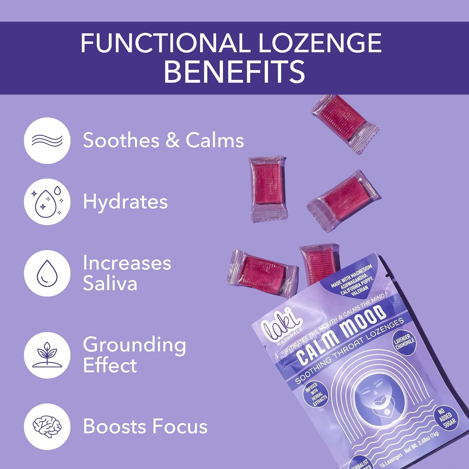 Laki Naturals Lavender Chamomile Calm Mood Functional Herbal Lozenges (14ct) Throat & Calming Hard Candies with Magnesium, Ashwagandha, California Poppy & Valerian. Vegan, Sugar Free, Gluten Free