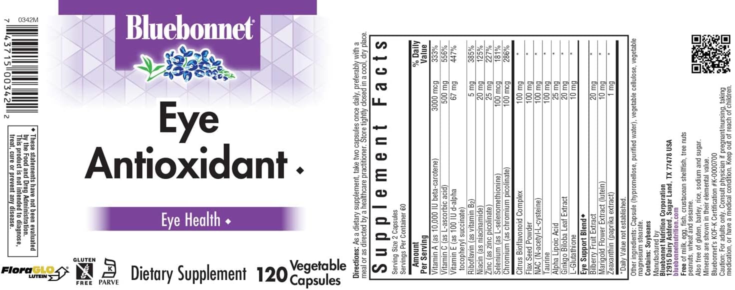 Bluebonnet Eye Antioxidant Lutein & Zeaxanthin Supplement - Vitamin A, Taurine, Zinc, Bilberry Extract Herbal Supplements - Non-GMO, Gluten-Free Eye Care for Women & Men - 120 Vegetable Capsules