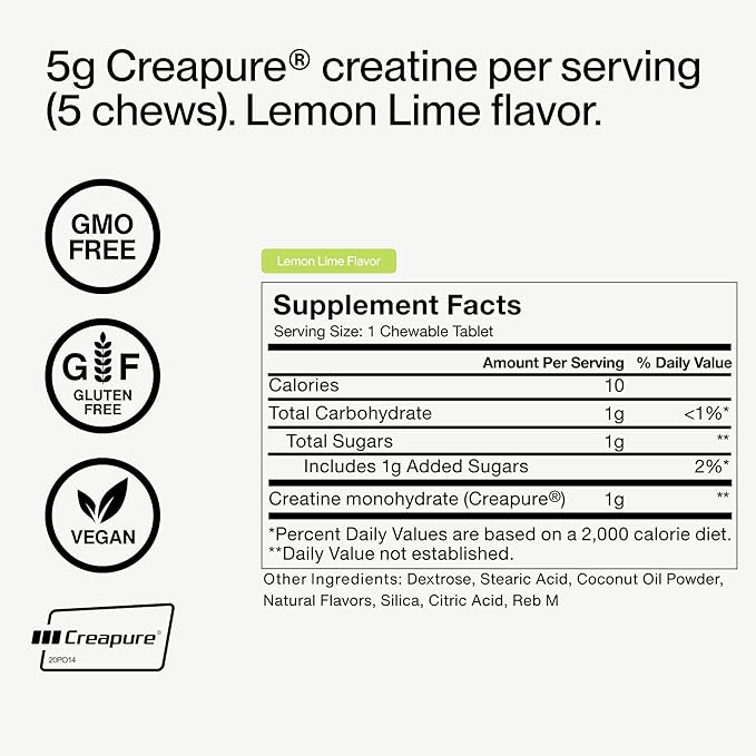 Momentous Creatine Chews - Creapure Creatine Monohydrate - Supports Strength, Lean Muscle, & Recovery for Men & Women - NSF Certified for Sport - 150 Chewable Tablets - Lemon Lime