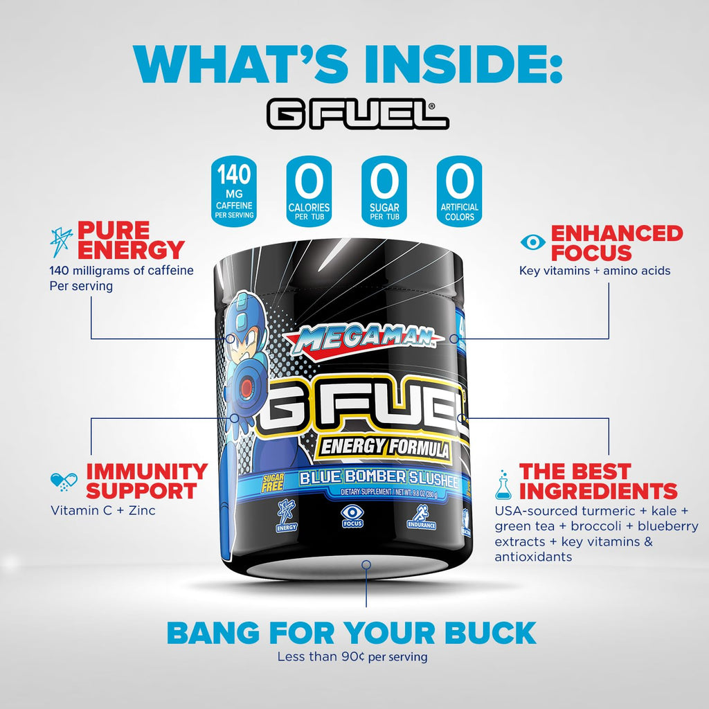 G Fuel Megaman Energy Drink Powder, Pre Workout Caffeine Mix for Gaming, Sugar Free Focus Amino, Vitamin + Antioxidants, 9.9oz (Blue Slushee, 40 Servings)
