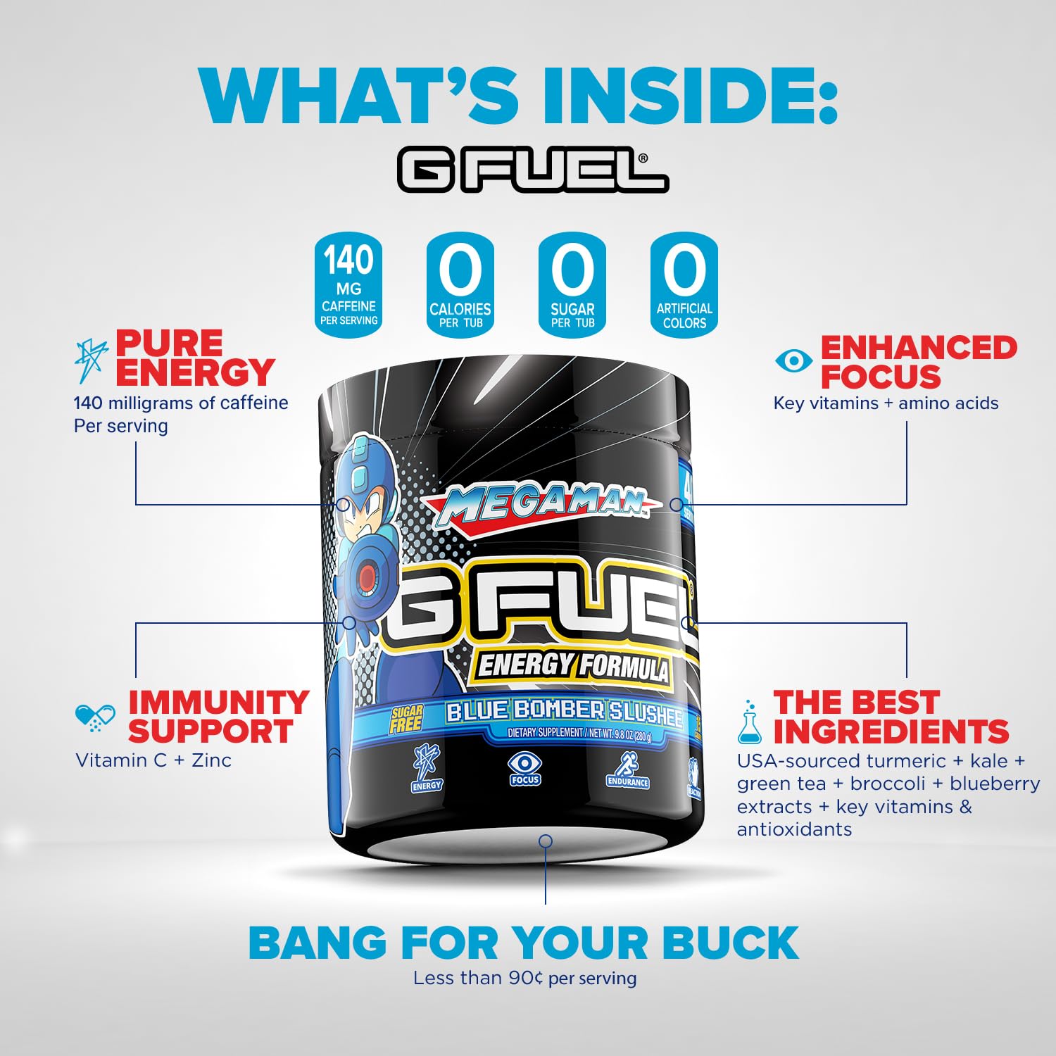G Fuel Megaman Energy Drink Powder, Pre Workout Caffeine Mix for Gaming, Sugar Free Focus Amino, Vitamin + Antioxidants, 9.9oz (Blue Slushee, 40 Servings)