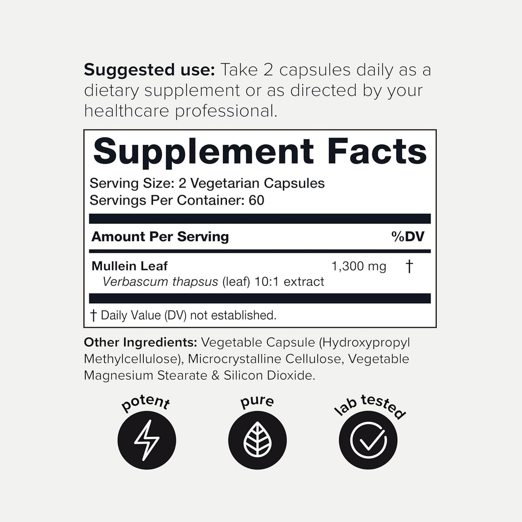 Mullein Leaf Capsules - Ultra High Potency 10:1 Extract - 1300mg Per Serving - Highly Concentrated - Third-Party Lab Tested - 120 Capsules