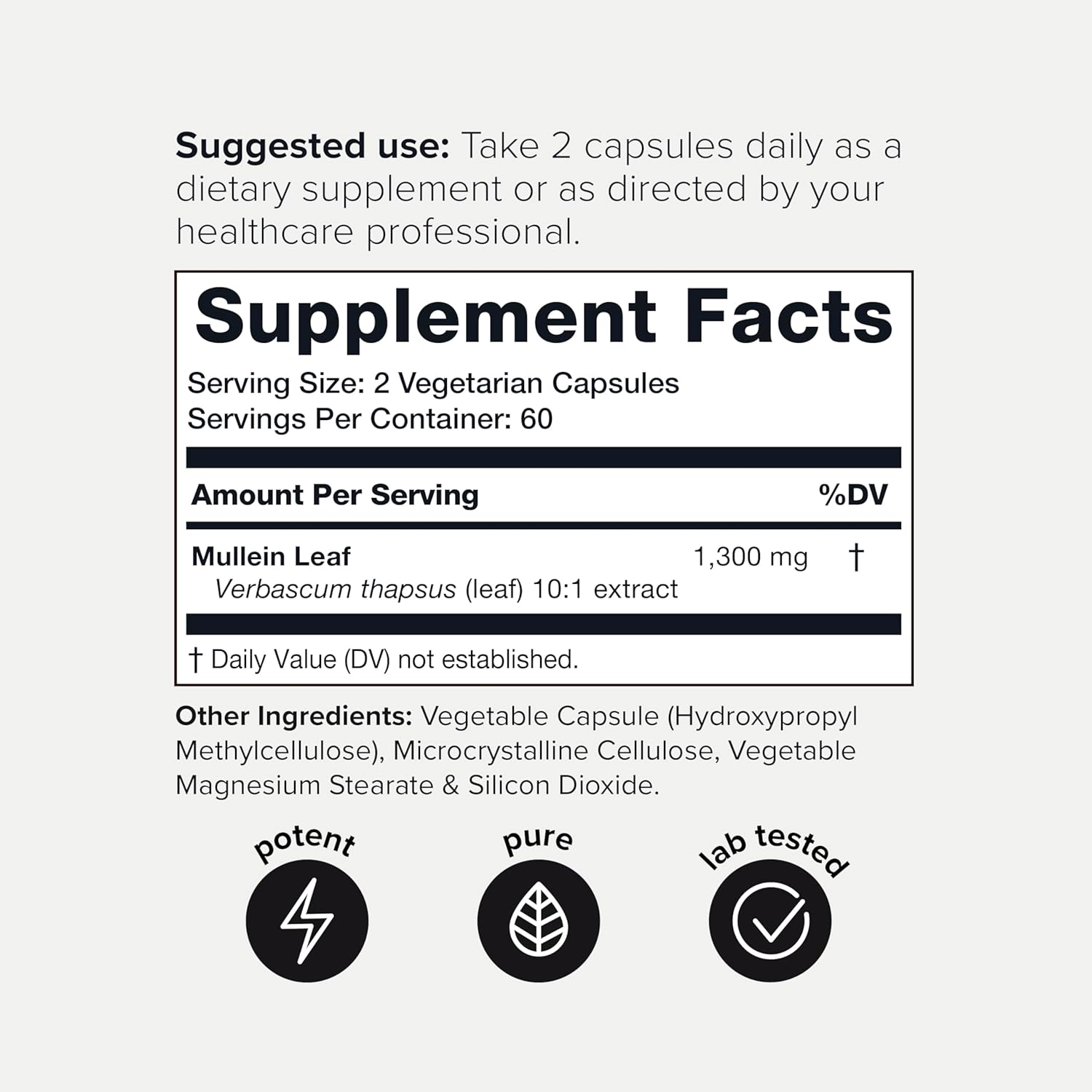 Mullein Leaf Capsules - Ultra High Potency 10:1 Extract - 1300mg Per Serving - Highly Concentrated - Third-Party Lab Tested - 120 Capsules