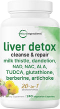 Liver Detox, 240 Veggie Capsules | 20-in-1 Advanced Support Complex with Milk Thistle, Dandelion, NAD, NAC, ALA, TUDCA, Glutathione, Artichoke, Turmeric, & More | Liver Cleanse & Repair Supplement