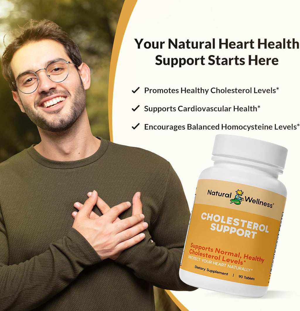 Natural Wellness Cholesterol Support – Herbal & Nutrient Supplement for Healthy Cholesterol Levels, Heart Function, Artery Health & Circulation – Cardiovascular Support Formula – 90 Tablets
