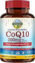 Terranics CoQ10 200mg, Coenzyme Q10 Supplement with Extra Virgin Olive Oil for Enhanced Absorption, Made in USA, Supports Heart Health, Antioxidant Protection, Energy Production, Non-GMO, 240 Softgels