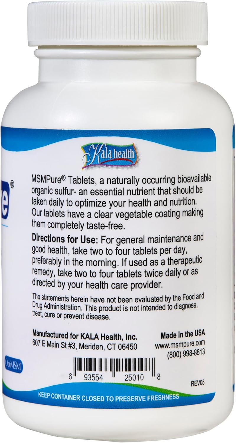 KALA HEALTH MSMPure MSM Tablets – 1,000 mg US-Made MSM per Tablet for Joint Health, Skin Appearance, Hair & Nail Support – Coated for Easy Swallowing, Tasteless – 120 Count