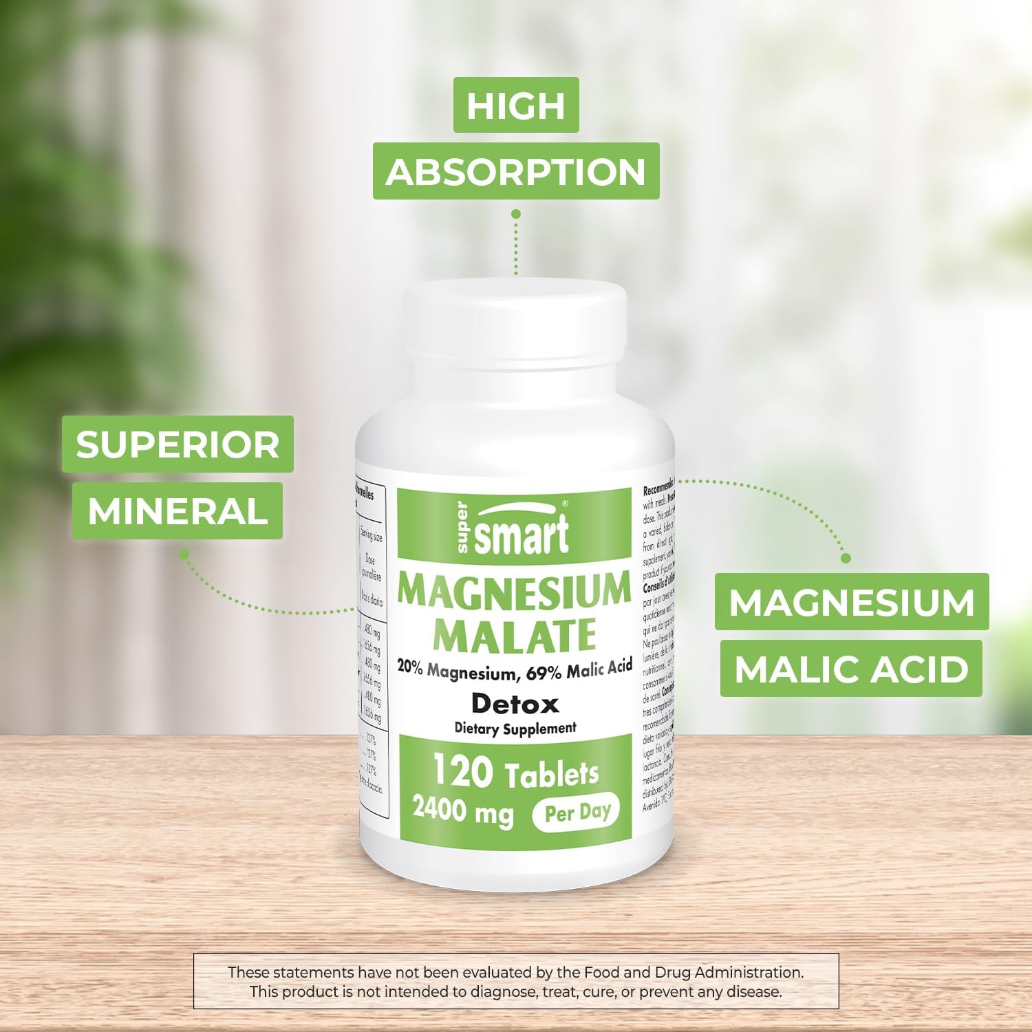 SuperSmart - Magnesium Malate 2400mg per Day (Highly Bioavailable) - Superior Mineral - Magnesium Malic Acid Supplement | Non-GMO & Gluten Free - 120 Tablets