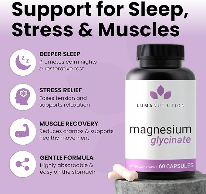 Luma Nutrition Magnesium Glycinate 1000mg - Support Stress, Sleep, Nerve & Muscle Health - 500mg Pure Magnesium Supplement Capsules - Chelated for High Absorption - 60 Veggie Capsules (Pack of 2)