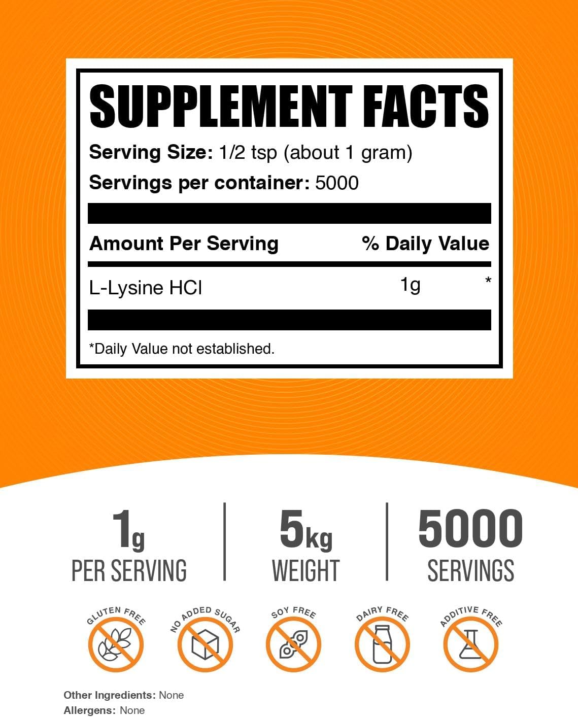 BulkSupplements.com L-Lysine Powder - Lysine Supplement, Essential Amino Acid, for Immune Support - Gluten Free, 1g per Serving, 1kg (Pack of 5) (11 lbs)