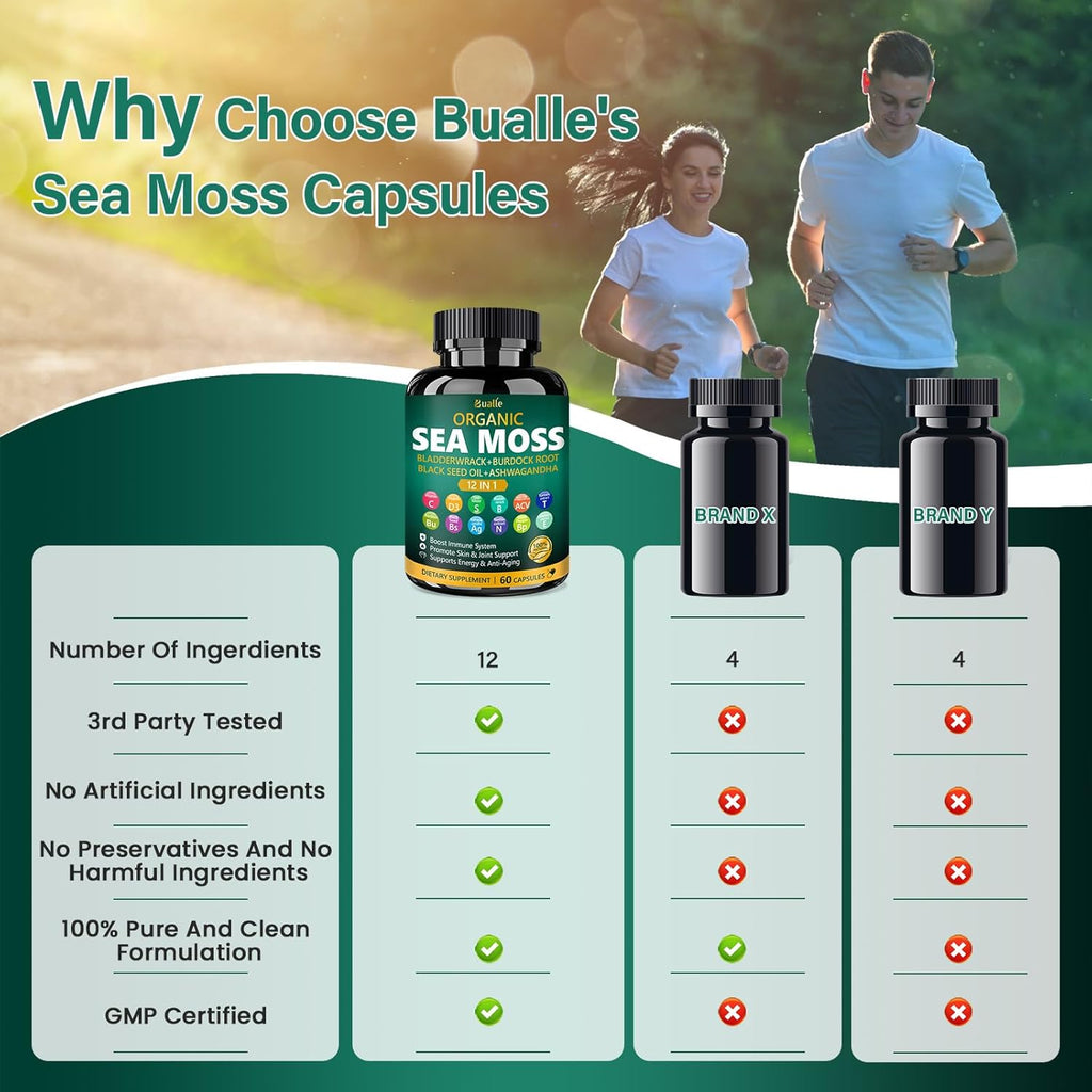 Bualle Organic Sea Moss Capsules with Sea Moss,Black Seed Oil,Ashwagandha,Bladderwrack,Ginger,Burdock Root for Immune System,Skin,Energy Support-120 Capsules (2 Pack)