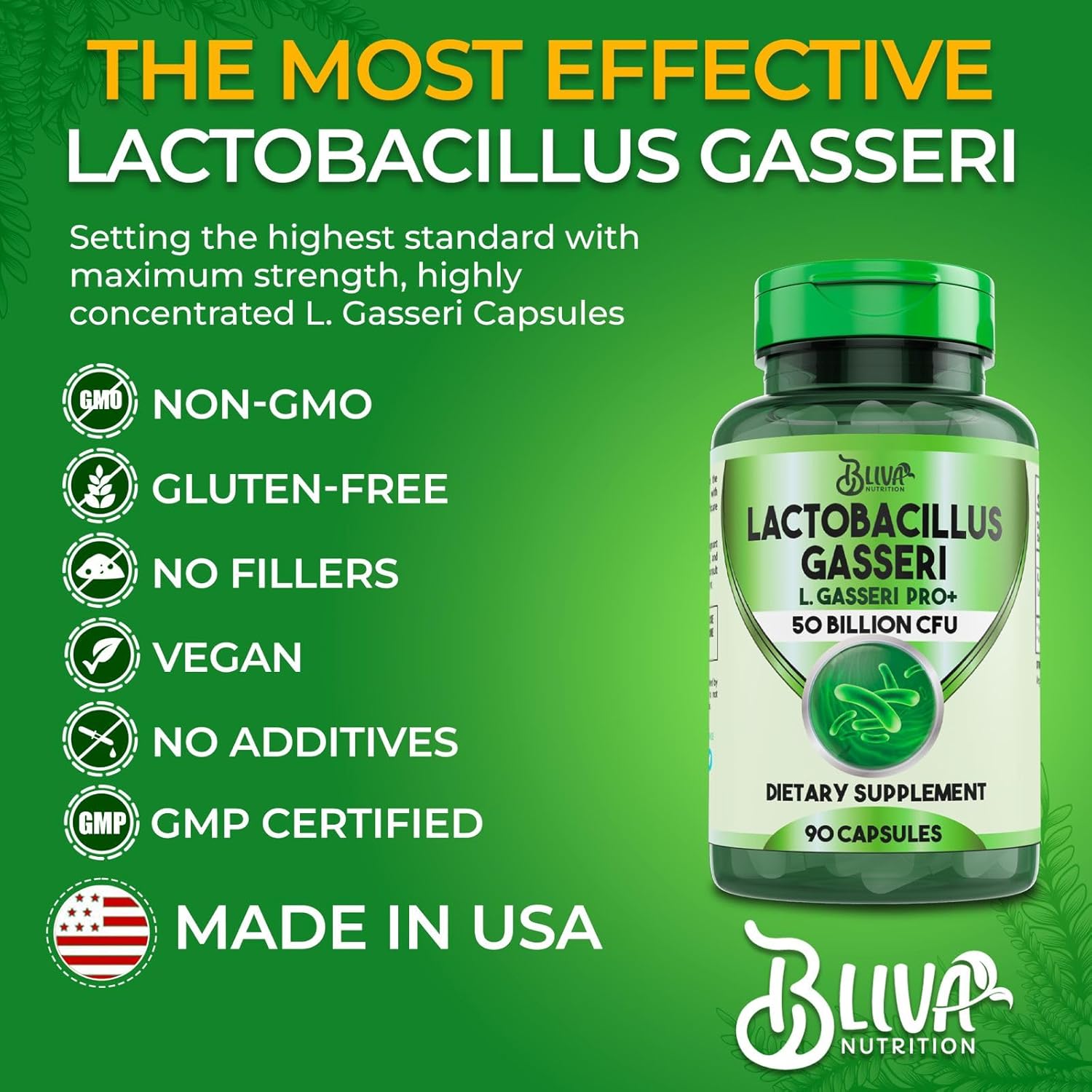 BLIVA Lactobacillus Gasseri Capsules – L Gasseri - 50 Billion CFU per Serving - Highest CFU Count L. Gasseri Supplement - 90 Capsules