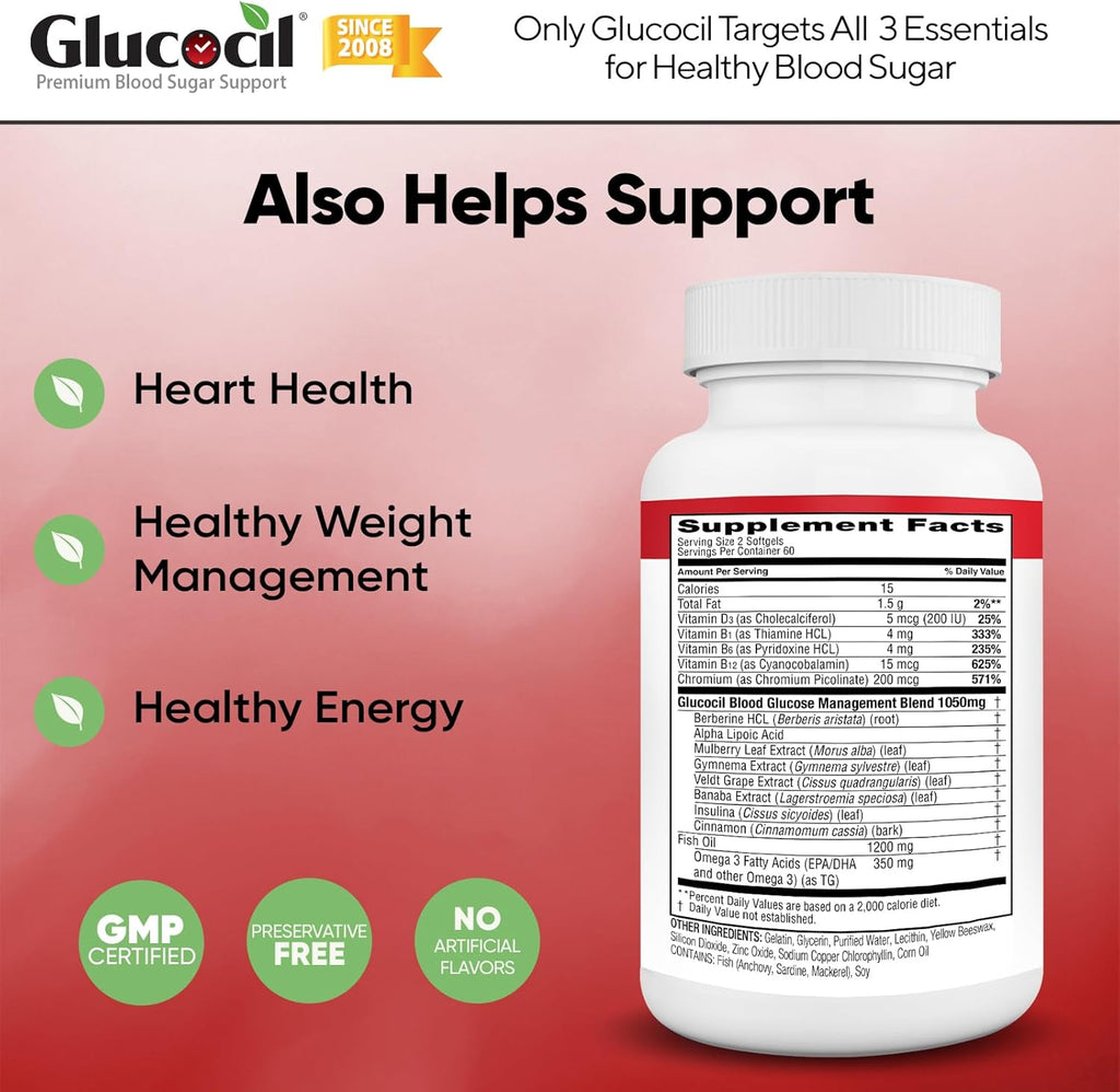 Glucocil – Softgels - Premium Blood Sugar Support - Over 2 Million Bottles Sold - Supports All 3 Blood Sugar Essentials - Since 2008, with Berberine, Proprietary Mulberry Leaf, and More, 3-Pack