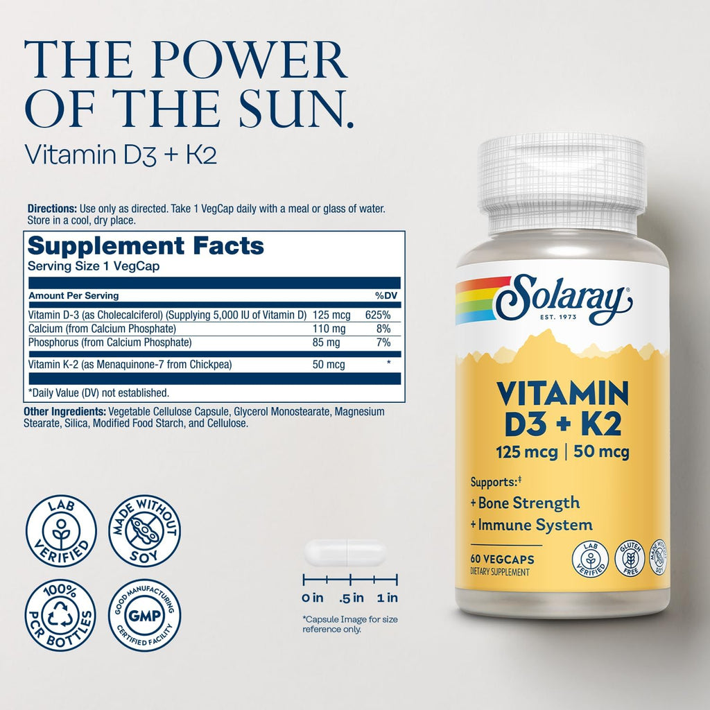 SOLARAY Vitamin D3 K2 - Bone Health and Immune Support Supplement - with 5000 IU Vitamin D as VIT D3 and 50 mcg Vitamin K2 as Menoquinone MK7, Made Without Soy, 60-Day Guarantee, 60 Serv, 60 VegCaps