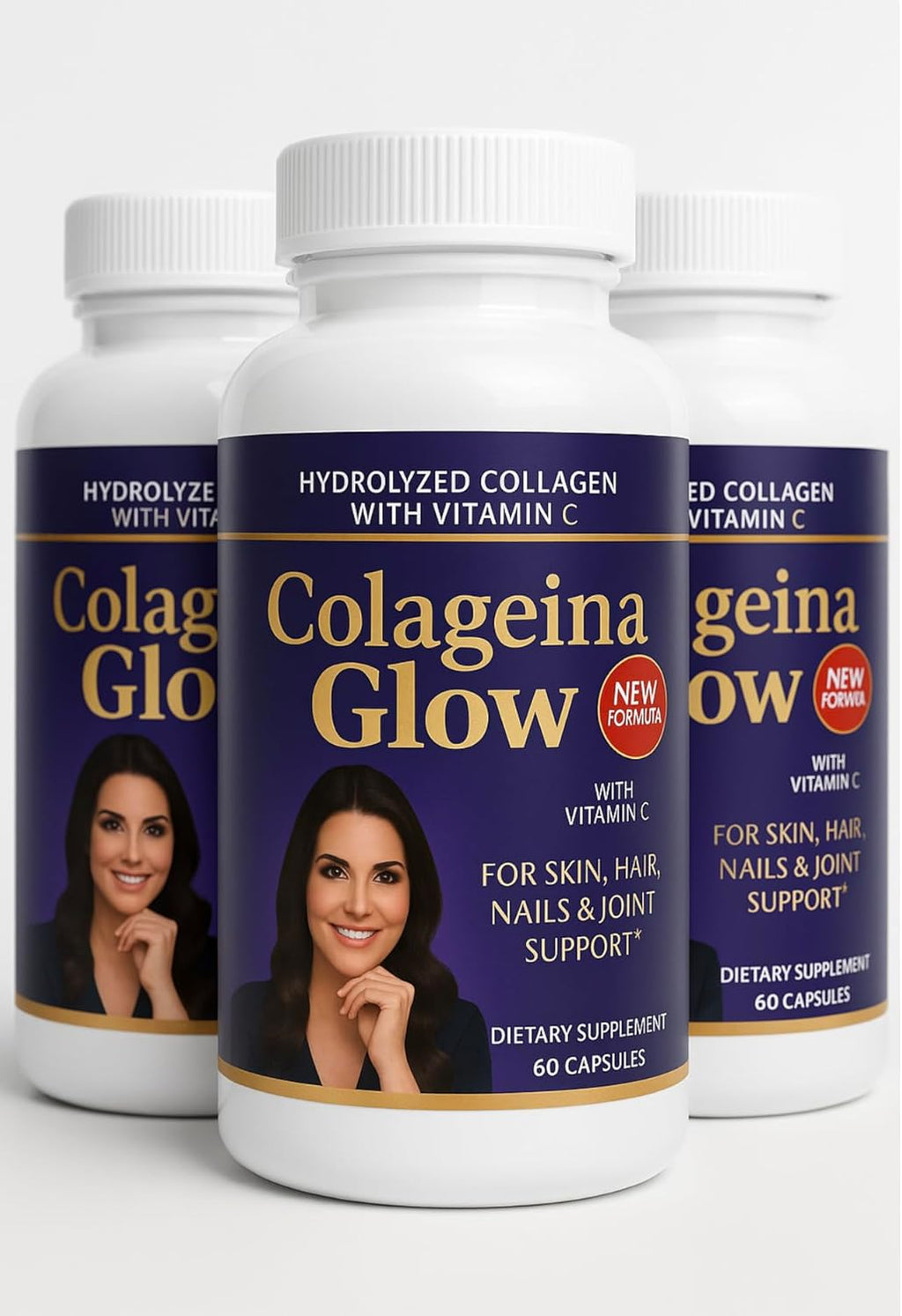 Hydrolyzed Collagen with Vitamin C – Colageina Glow Pack of 3 | 180 Capsules Total | 1000 mg Each | Beauty Routine Supplement for Hair, Nails, Skin & Joint Care – Dietary Formula