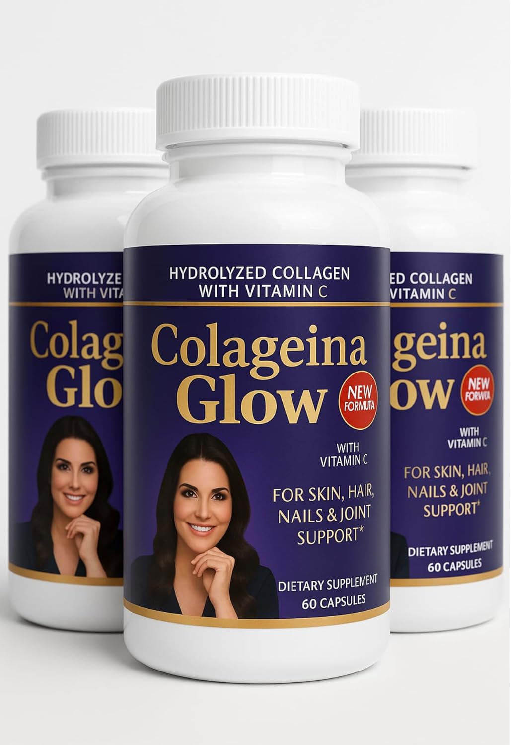 Hydrolyzed Collagen with Vitamin C – Colageina Glow Pack of 3 | 180 Capsules Total | 1000 mg Each | Beauty Routine Supplement for Hair, Nails, Skin & Joint Care – Dietary Formula