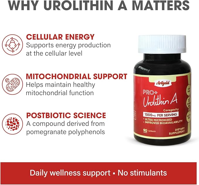 Urolithin A PRO 1000mg Ultra-Micronized Postbiotic Supplement for Cellular Energy, Support Healthy Aging, Longevity Complex, Mitochondrial Support. Pomegranate-Derived Vegan & Non-GMO. 90 Caps