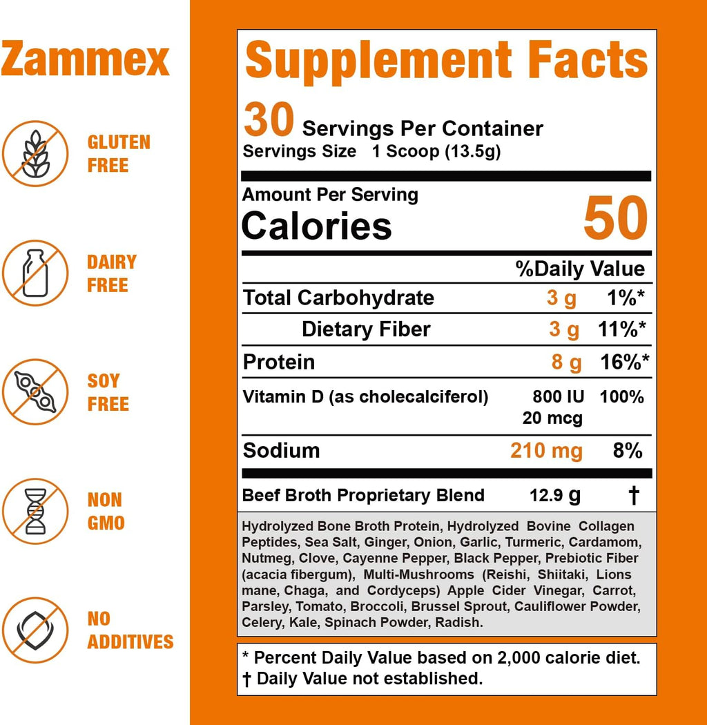 Zammex Bone Broth Plus Superfood Protein Powder (Turmeric Flavor), 8g Hydrolyzed Protein with Vitamin D, for Healthy Skin, Nails, Hair, Joints & Digestion,Non-GMO (30 Servings)