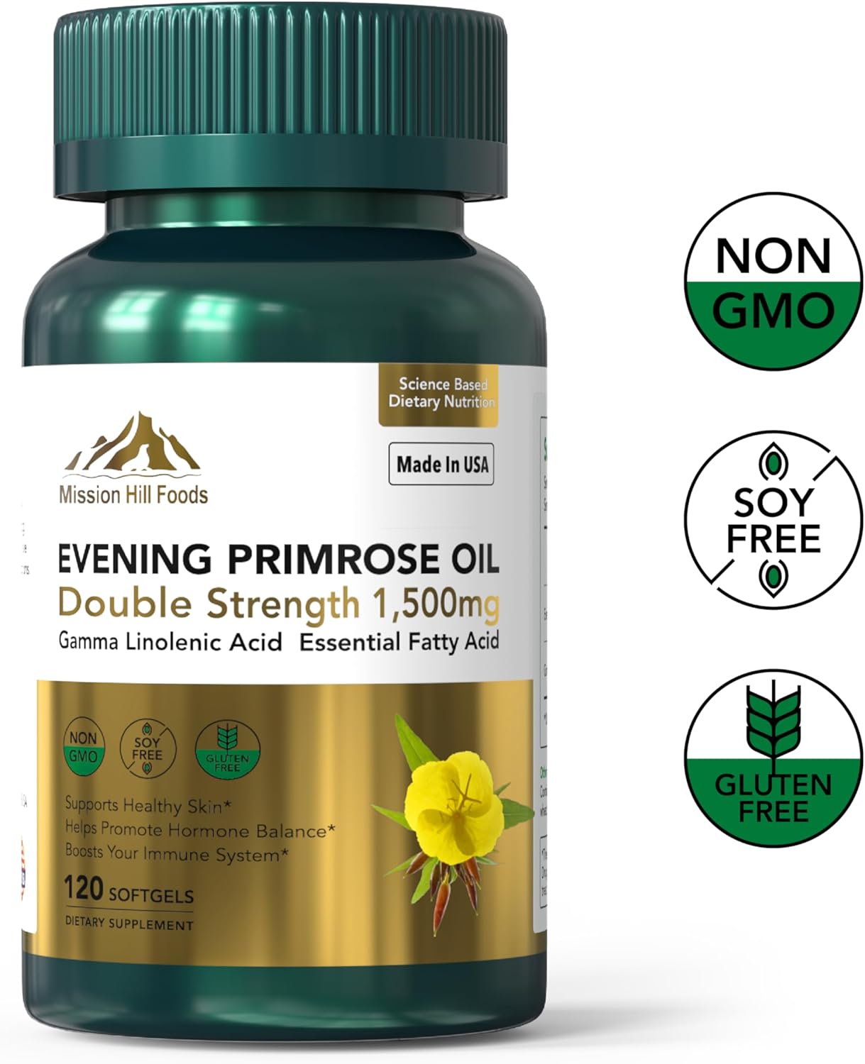 Evening Primrose Oil (1500mg) | High GLA for Hormonal Balance & Skin Health (1 Bottle-120 Softgels-2mo Supply) | Non-GMO, Gluten-Free