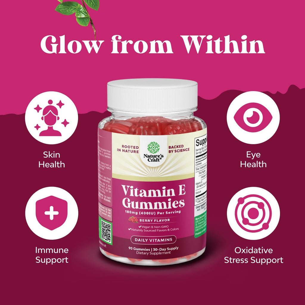 Natures Craft Vitamin E Gummies for Skin Care - High-Potency Vitamin E 400 IU Skin Supplement - Delicious & Easy-to-Take Supplement Promote Health Immune Support & Cellular Protection (1 Month)