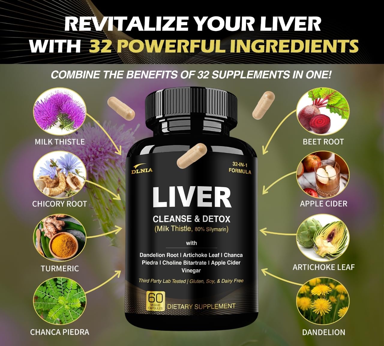 32 in 1 Liver Cleanse Detox & Repair Formula with Apple Cider Vinegar, Milk Thistle Supplement, Artichoke, Dandelion Root Supplement - Non-GMO & Vegan Herbal Liver Support & Repair