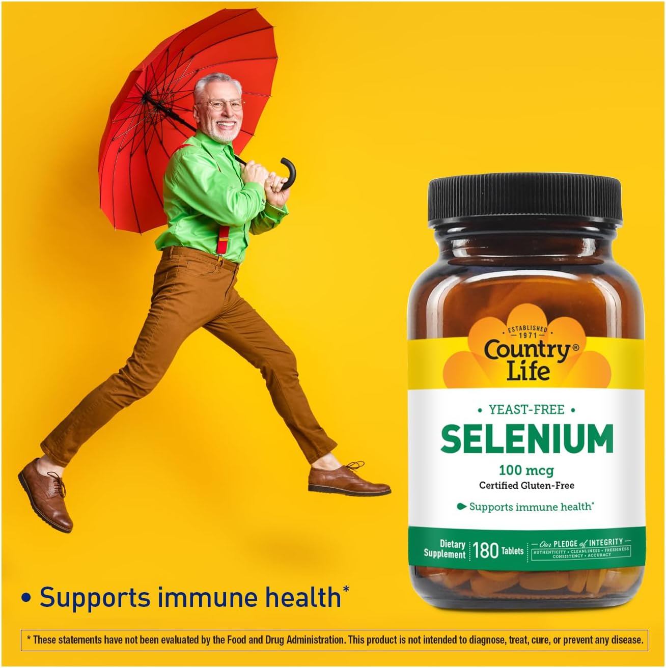 Country Life Selenium, Yeast Free, Supports Immune Health, 100 mcg, 180 Tablets, Gluten Free, Vegan, Halal
