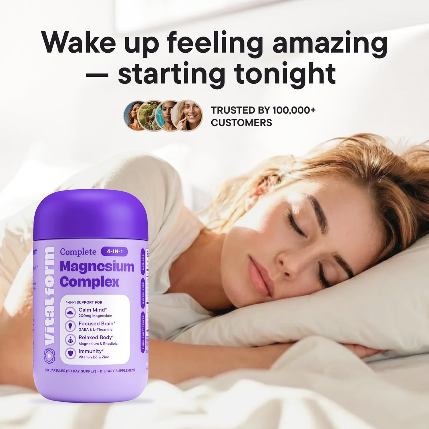 Magnesium Glycinate Sleep Complex – L-Theanine, GABA, Rhodiola, Zinc & B6 – Non-Melatonin Natural Sleep Support, Calm & Stress Relief – Vital Form – 200mg Magnesium – 100 Capsules