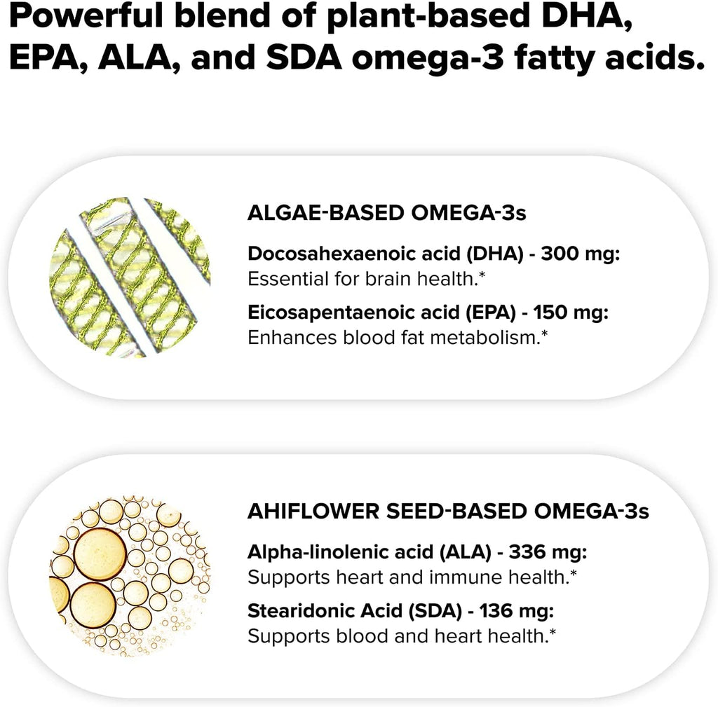 Complement Vegan Omega 3 Supplement- 960mg Omega-3 Fatty Acids, DHA, EPA, SDA, ALA Supplement - Immune Support- 60 Servings, 120 Liquid Capsules