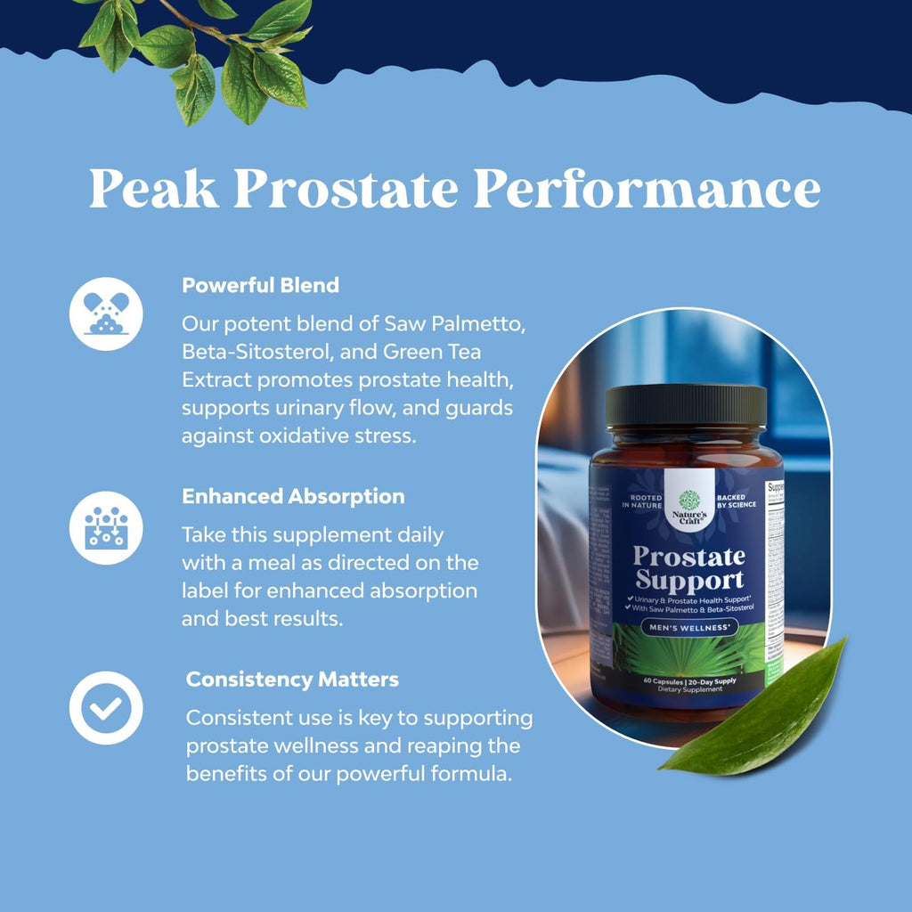 Herbal Saw Palmetto Male Supplement - Potent Pygeum and Saw Palmetto Extract with Beta Sitosterol & Green Tea Supplements for Adult Males for Urinary Tract Support & Frequent Urination - 60 Capsules