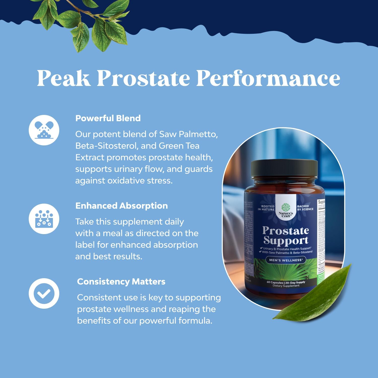 Herbal Saw Palmetto Male Supplement - Potent Pygeum and Saw Palmetto Extract with Beta Sitosterol & Green Tea Supplements for Adult Males for Urinary Tract Support & Frequent Urination - 60 Capsules