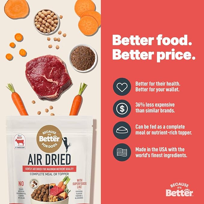 Because It's Better Slow Baked and Air Dried Dog Food, Real Beef and Veggies, 3lb Bag, Complete and Balanced Dry Dog Food, for All Life Stages