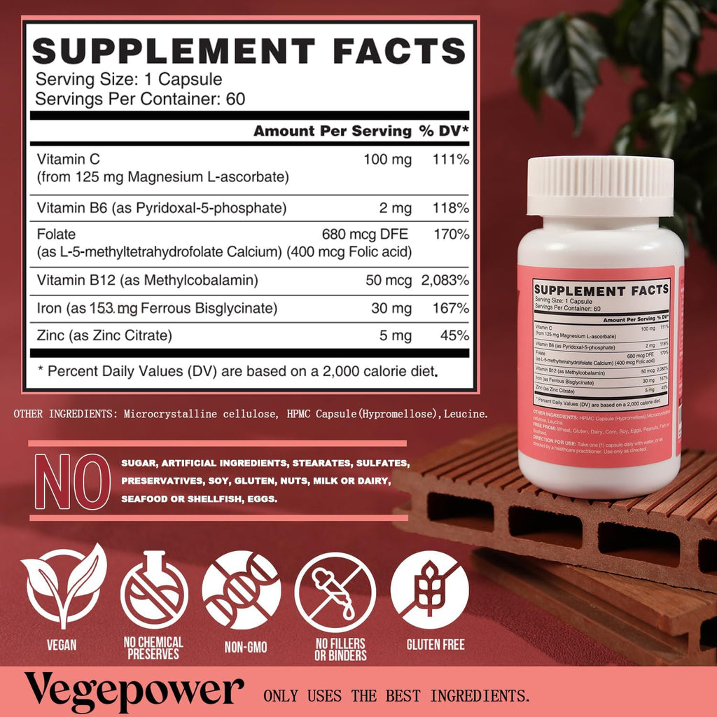 Iron Bisglycinate Supplement for Women & Men - 30mg Iron Pills with Vitamin C, B12, Folic Acid - Chelated Iron for Anemia, Health Blood - High Absorption, Gluten-Free, Non-GMO - 60 Vegan Caps