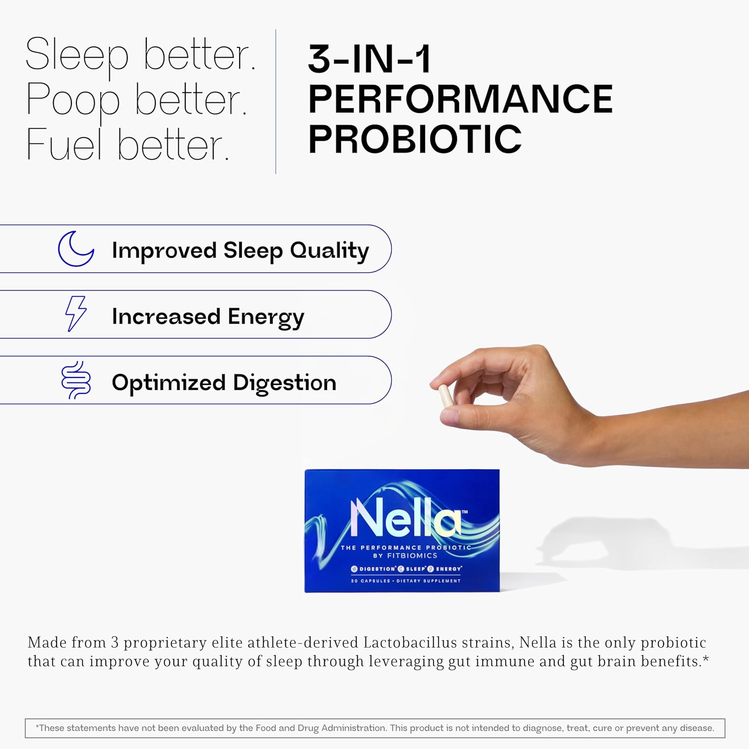 Nella Gut Health Supplements for Women & Men (30 Capsules), Energy Boosting Probiotics for Digestive Health, 3 Strains, Daily Probiotic Pills, Supports Workout & Recovery
