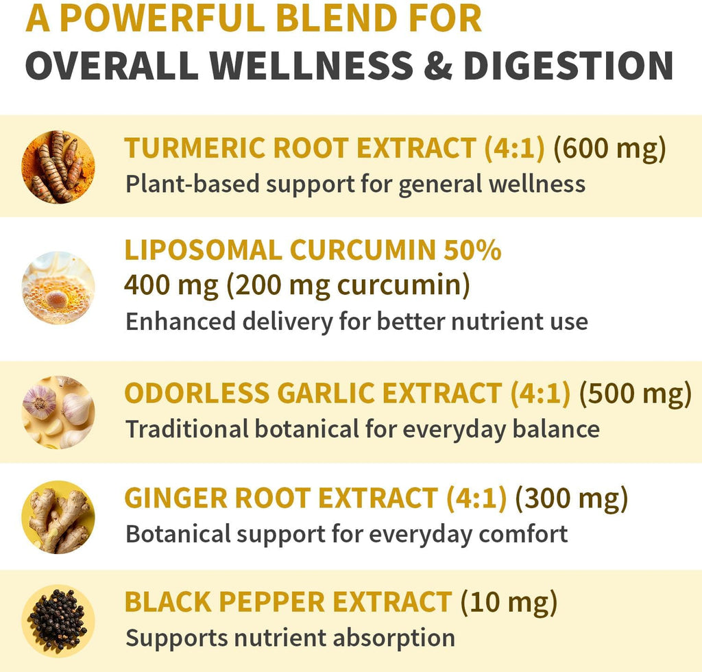 Liposomal Turmeric - High-Absorption Curcumin Supplements, Non-GMO Blend for Digestive Comfort & Daily Support - Organic Turmeric Supplement with Black Pepper (120ct, Pack of 1)