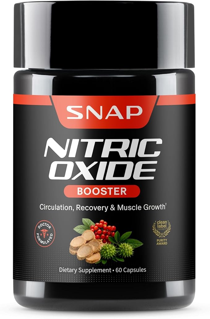 Snap Supplements Nitric Oxide Supplement with L-Arginine to Support Energy, Quick Recovery, Heart Health, Muscle Growth & Circulation, 60 Vegetarian Capsules (1 Month Supply)