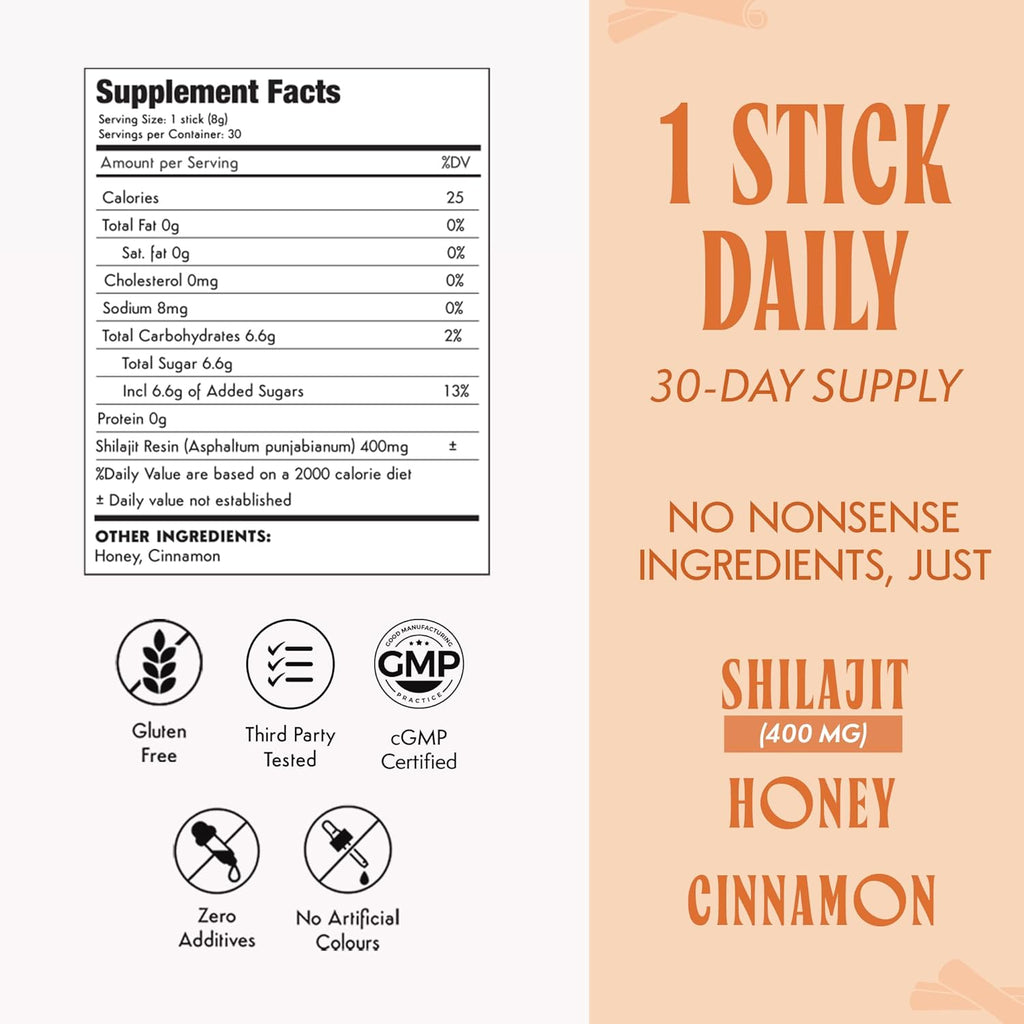Pure Himalayan Shilajit for Men with Honey - Cinnamon, On-The-Go Energy Sticks & Immune Support for Women | 75%+ Fulvic Acid | 85+ Trace Minerals, 100% Natural, Pack of 30