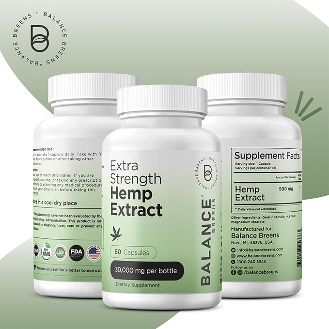 Balancebreens Hemp Extract Capsules 30,000 mg per Bottle - Natural Dietary Supplement Supports Brain Functions, Immune Support - Rich in Omega 3-6-9 Fatty Acids (60 Count (Pack of 1))