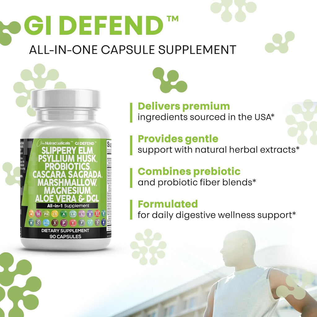 Clean Nutraceuticals Slippery Elm Psyllium Husk Pre Probiotic Digestive Gut Health Supplement with Aloe Vera Cascara Sagrada Marshmallow Root DGL Licorice Senna Extract